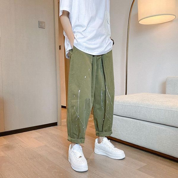 

men's pants spring summer wide-leg fashion splash ink casual men streetwear loose hip-hop straight-leg mens trousers, Black