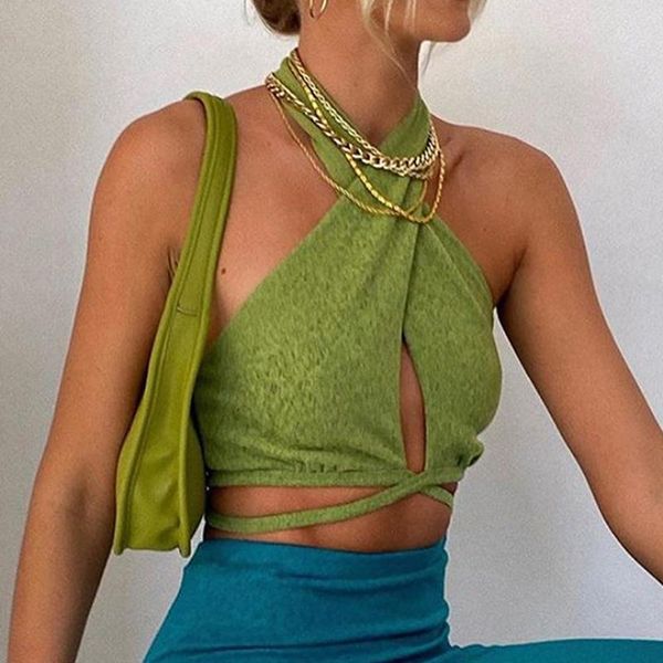 

y2k bandage halter crop for women sleeveless backless clubs party chic wrap cropped slim streetwear women's tanks & camis, White