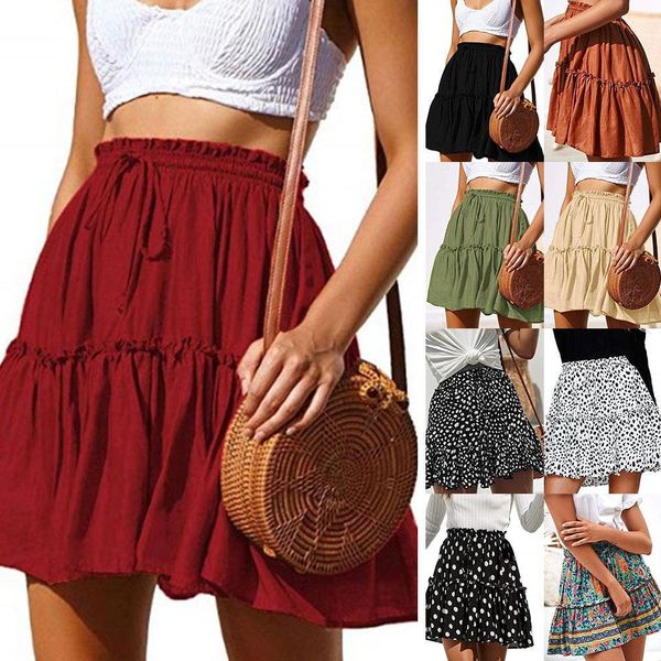 

casual polka dot ruffle summer womens skirts pink a line high waist pleated short skirt floral print chiffon beach, Black