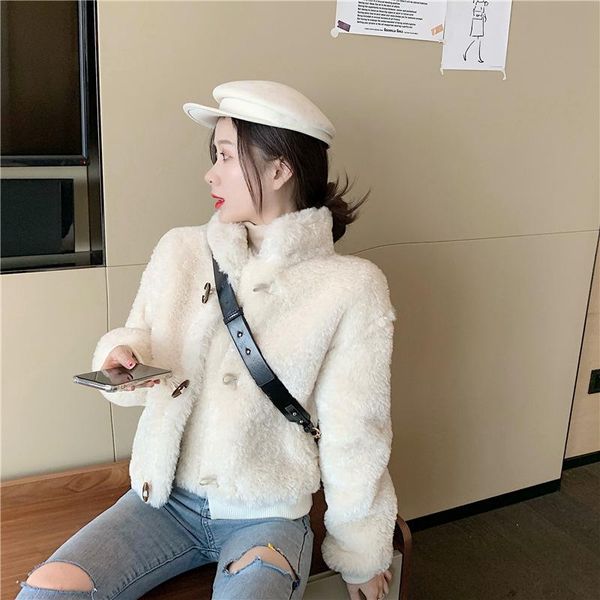 

women's fur & faux 2021 autumn and winter coats western style all-match lamb wool coat short cotton jacket for little girls, Black