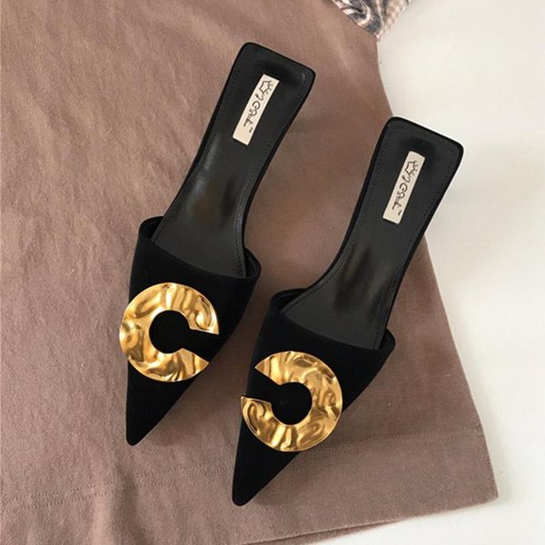 

women luxury slippers fashion metal buckle brand mules pointed toe slip on low heel dress shoes outdoor slides, Black