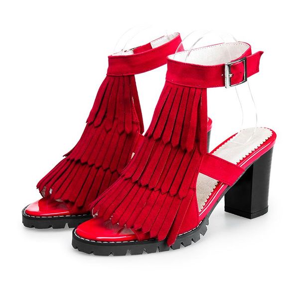 

big size 33-45 summer fashion women solid tassel med heels sandals 3 colors, Black