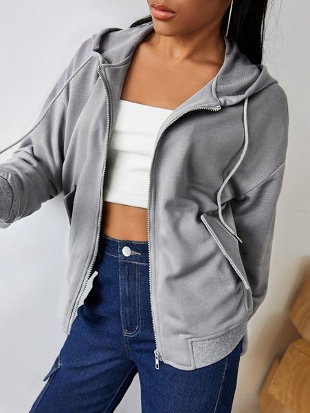 

drawstring zip up drop shoulder hooded jacket s6j0#, Black;brown