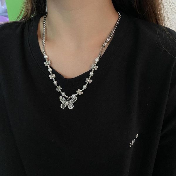 

pendant necklaces women stainless steel chain pearl butterfly necklace design hiphop hip hop rap jewelry, Silver