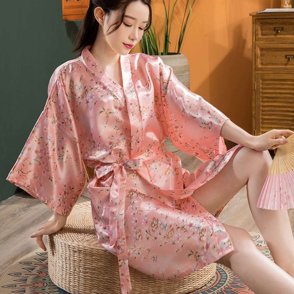 

bathrobe women's simulation silk satin kimono small flower thin cardigan robe summer short bathrobe