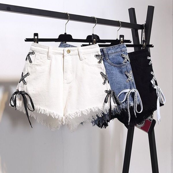 

women's shorts style plus size jeans, raw ee straps high waist denim shorts, summer loose thin wide-leg pants 949 tiaz, White;black