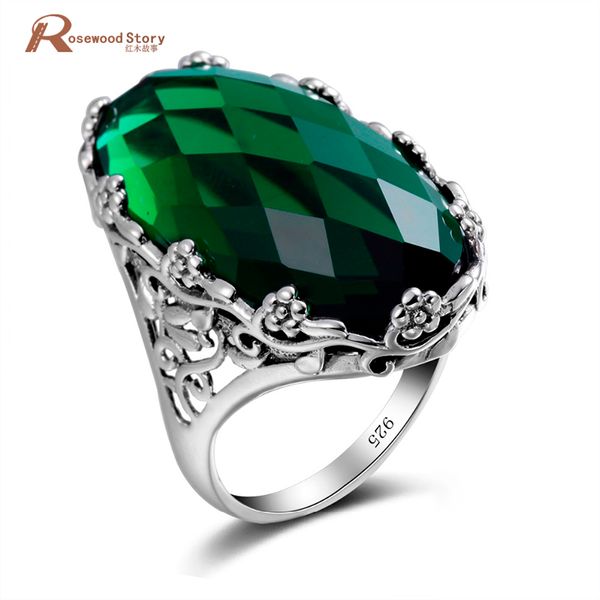 Russo Green Green Crystal Anel Grande Pedra Padrão Padrão Pure 925 Sólido Anel de Prata Stripling para Mulher Clássico Vintage Jóias