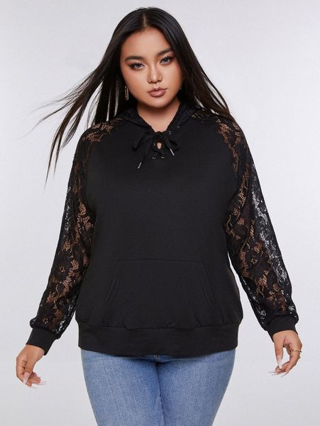 

plus lace-up front guipure lace raglan sleeve hoodie d56i#, Black
