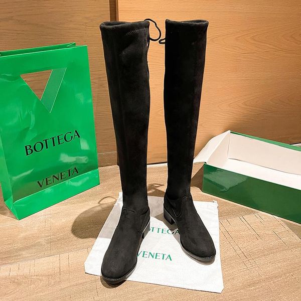 

boots large size suede knee thick bottom round toe lace up heel shoes winter female warm thigh high, Black