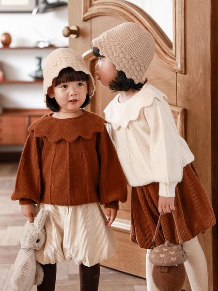 

pullover girls sweater 2021 spring autumn handmade crochet lotus leaf doll collar knit top, Blue