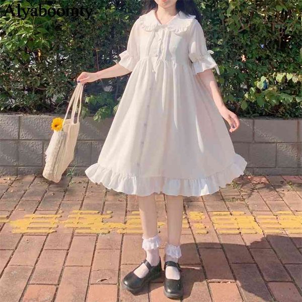 Japon Lolita Tarzı Yaz Kadınlar Beyaz Elbise Peter Pan Yaka Yüksek Bel Gevşek Flare Kol Şifon Sevimli Kawaii ES 210623