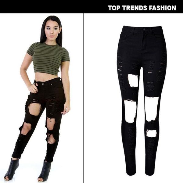 

european and american high waist slim stretch ladies jeans ripped personality street cowboy black white 2021 women's, Blue