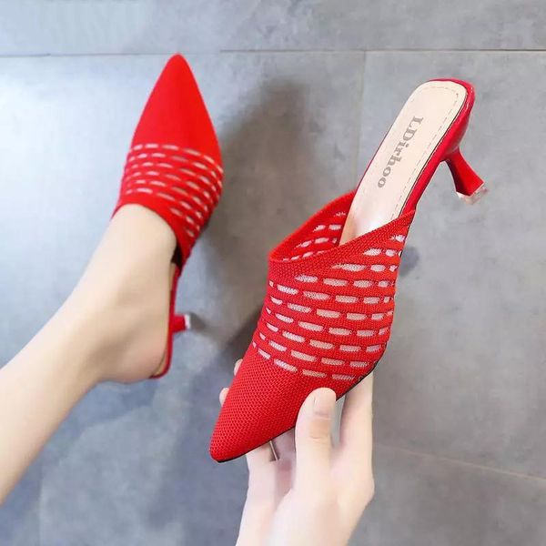 

sandals akexiya knit women shoes pointed woven high heels fashion stilettos mules loafer casual feminine sandalias, Black