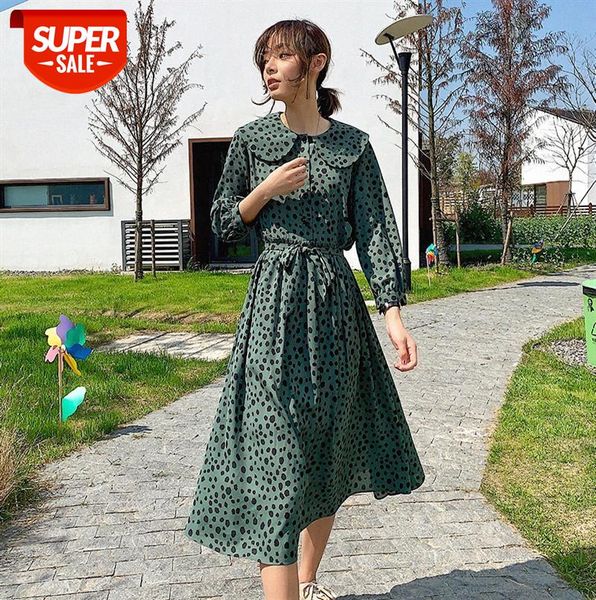 

306-0061 leopard print dress women lace-up korean style three-quarter sleeve doll collar over-the-knee chiffon skirt long #9468, Black;gray