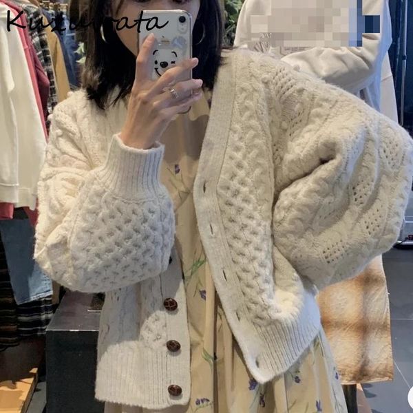 

women's knits & tees kuzuwata 2021 spring autumn sweater temperament commuter women v neck long sleeve solid single breasted twist bal, White