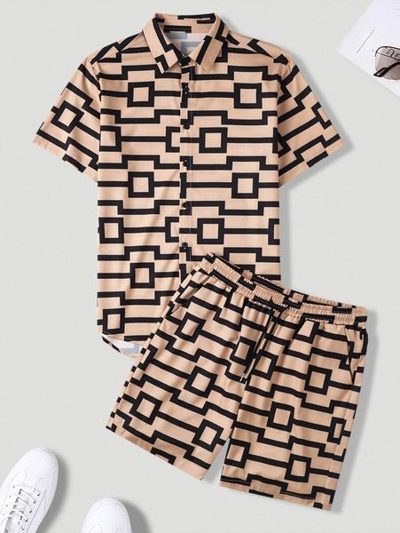 

men random allover print shirt & shorts z5lu#, Gray