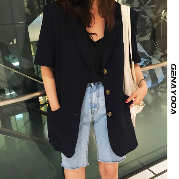 

genayooa short sleeve women blazers and jackets korean style jacket summer retro black office lady casual suit 210417, White;black