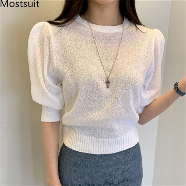 

spring summer korean knitted t shirts tees women puff sleeve o-neck casual elegant solid fashion slim female t-shirts 210518, White