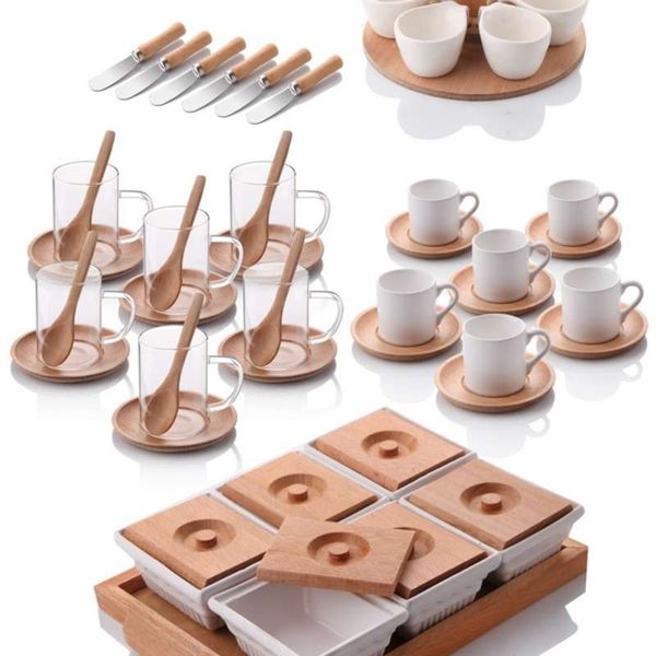 Alta qualità in legno di bambù colazione squadra vassoio a conchiglia set da tè tazza tazza di caffè salsa cucchiaio coltello servizio di presentazione 210928