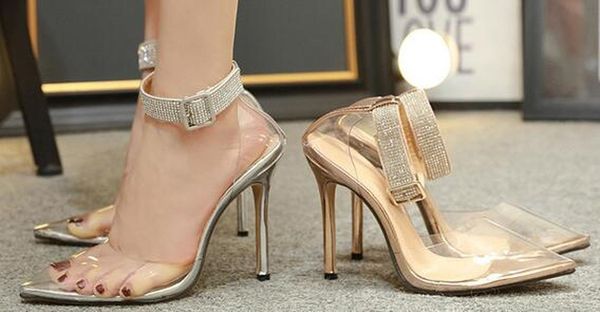 

sandals 2021 fashion pvc transparency women pumps high heels shoes diamond pointed toe classics silver ladies, Black