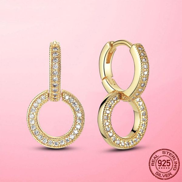 

hoop & huggie gold color 925 sterling silver sparkling double earrings for women cz zircon round circle earring jewelry making gift, Golden;silver