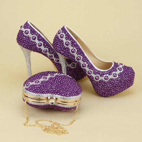 

purple pearl beads womens wedding shoes with matching bags mix crystal bride and purse platform heart clutch dress, Black