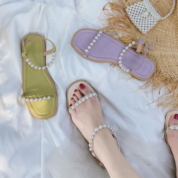 

women pearls sandals elegance princess style summer shoes flat heel open toe holiday date, Black