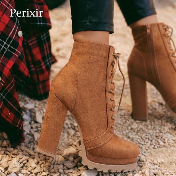 

perixir boots-women autumn winter footwear 2021 ankle boots high heels faux suede platform feminine shoes women's booties, Black
