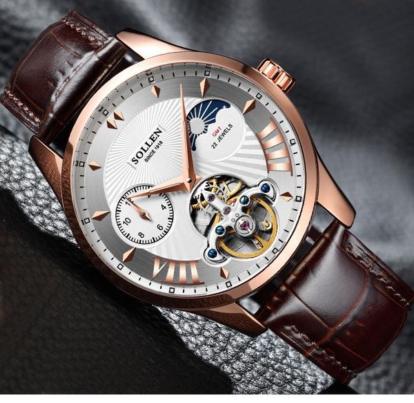 

wristwatches fashion business watch men's mechanical tourbillon watches automatic waterproof hollow steel belt moon phase sl302, Slivery;brown