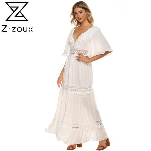 Donne Dress Dress Hollow Out V-Neck Chiffon Dresses Flare Sleevective Prospettiva Sexy Bianco Plus Size Vestiti 210524