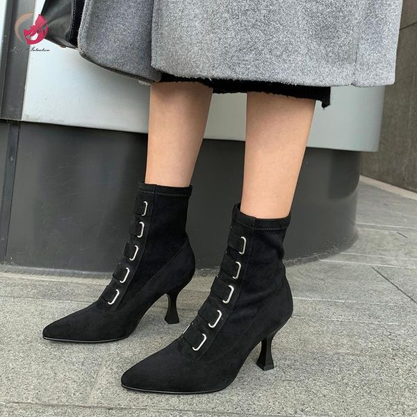 

boots original intention stylish ankle woman elegant lady black pointed toe charm high heels shoes size 3-9