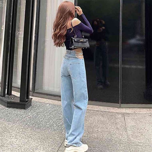 

streetwear side cross chain hollow out wide-leg womens high waist pants elegant ladies europe fashion jeans kz355, Blue