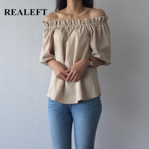 

women's blouses & shirts realeft 2021 summer cotton and linen slash neck shirt female short sleeve korean style casual loose, White