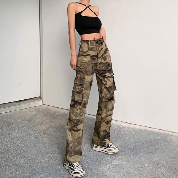 

women's pants & capris weiyao camouflage print grunge cargo women vintage streetwear 90s aesthetic high waist straight e girl trousers, Black;white