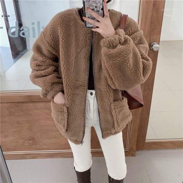 

film winter sweet cotton lambs wool zipper coat cotton-padded clothes loose to keep warm women's down & parkas, Black