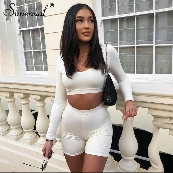 

simenual solid bodycon women matching set long sleeve fashion casual two piece outfits basic crop and biker shorts sets 2021 dress, White