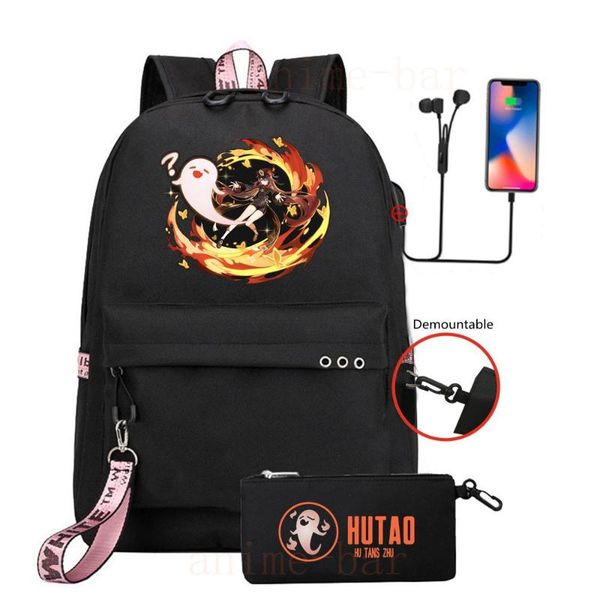

backpack genshin impact hu tao backpacks 2pcs + pencil cases school bag bookbag women bags usb travel shoulder laptop