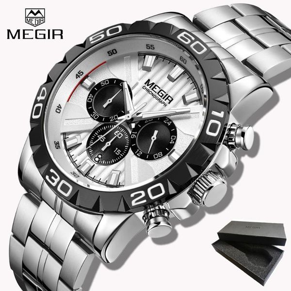 

wristwatches megir quartz watch men analog chronograph wrist full stainless steel band wristwatch auto date gift box, Slivery;brown