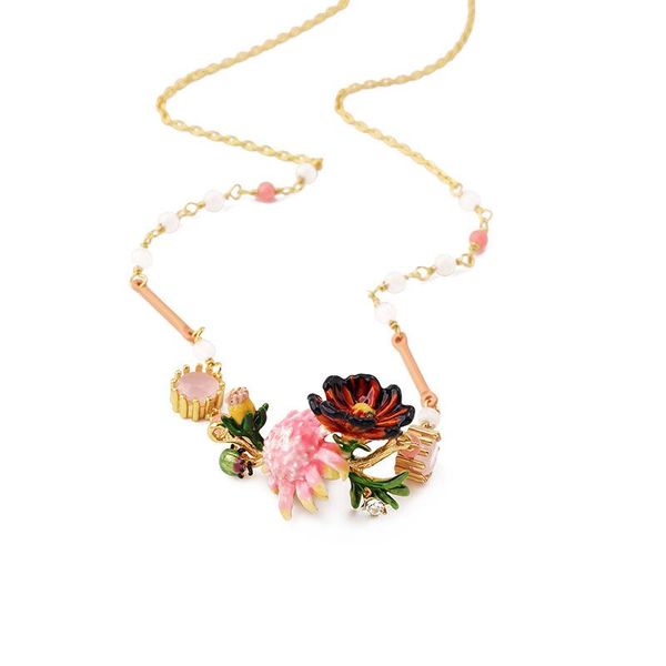

product trend monet's garden series fashion fresh and lovely flower inlaid gem necklace, enamel glaze clavicle chain pendant necklaces, Silver
