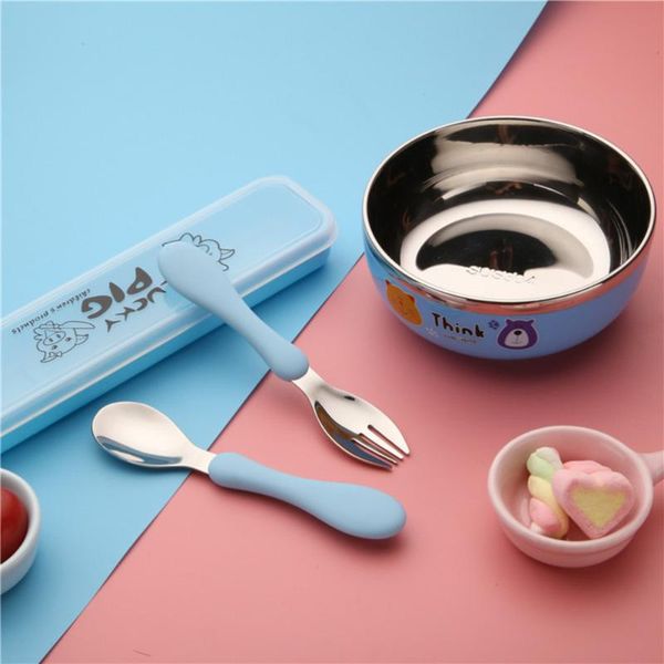 

forks children spoon portable silicone handle stainless steel fork safety baby feeding eating training spork kids tableware(