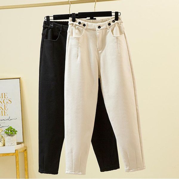 

women's pants & capris plus size winter warm thick velvet women high waist solid color loose casual harem female ankle length pantalone, Black;white