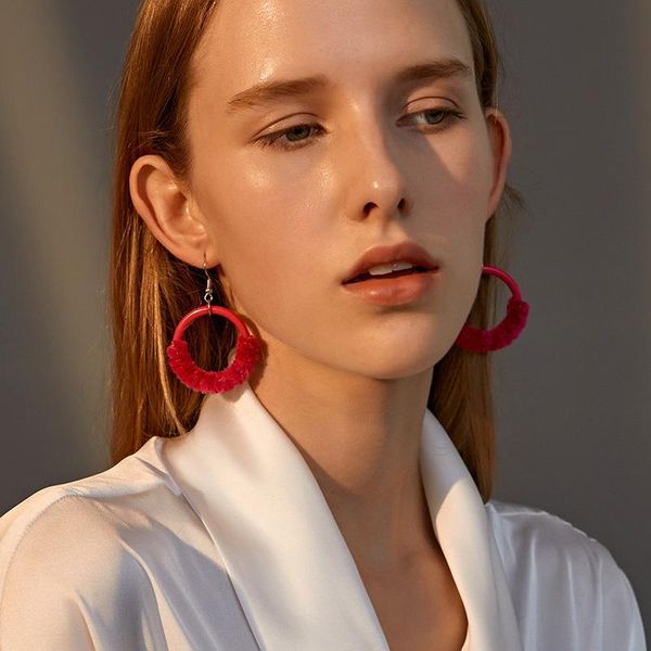 

dangle & chandelier colorful plush geometric circle drop earrings for women ladies exaggerated wool large round earings party jewelry, Silver
