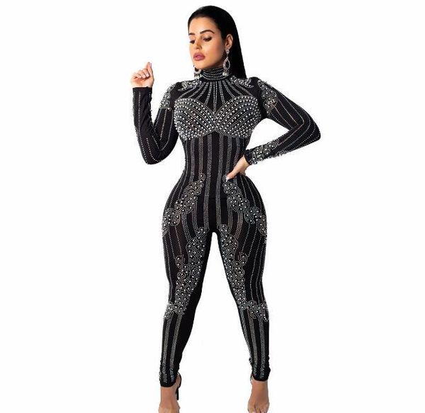 

women's jumpsuits & rompers fashion see through rhinestones pearls jumpsuit bodysuit stage celebrate women singer dance show 2 colors o, Black;white