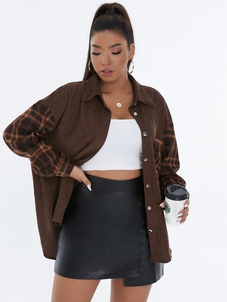 

plus plaid button front drop shoulder jacket p0vb#, Black