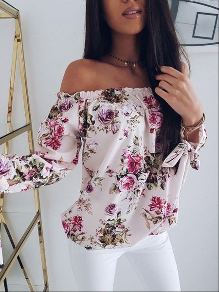 

fashion summer floral off shoulder women shirt loose casual three quater, White