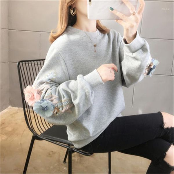 

women's sweaters korean fashion 2021 solid ladies thicked flower embroidery hoodies o neck long sleeve warm sweatshirt autumn spring, White;black