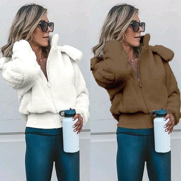 

women's wool & blends zoulv 2021 jacket lapel hooded zipper plush comfortable thick warm short, Black