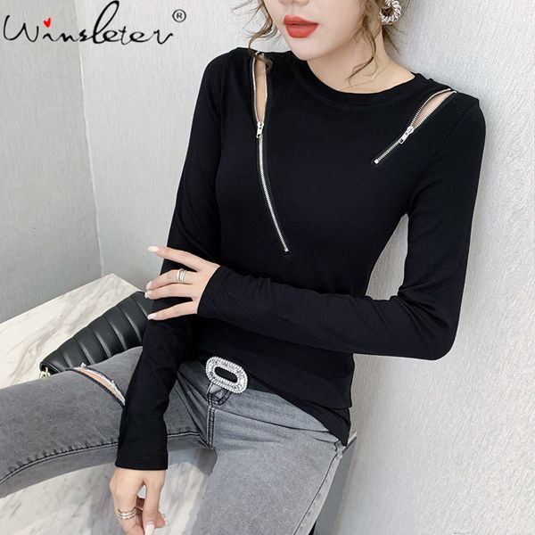 

women's t-shirt spring fall korean style cotton girls fashion zipper off shoulder women long sleeve slim tees 2021 t1280, White