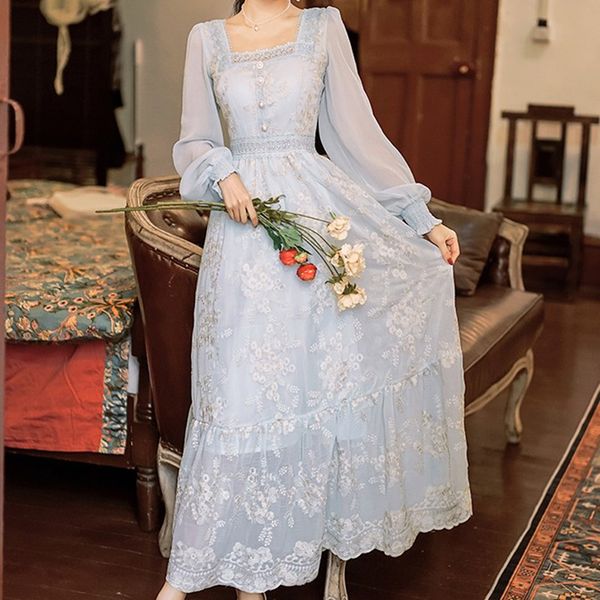 

zawfl women spring embroidery dress elegant a-line vestidos solid puff sleeve empire square neck ladies lace mesh 210525, Black;gray