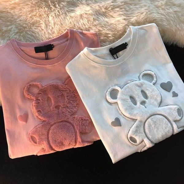 

women's t-shirt short-sleeved female ins tide 2021 summer loose bottoming clothes three-dimensional flocking, White